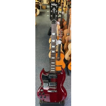 Vintage VS6 Left Handed Electric Guitar in Cherry Red, Solid Body, Double Cutaway