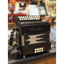 Excelsior Bilbo D/G 2 Row Melodeon, black wooden finish. In very good condition with hard case