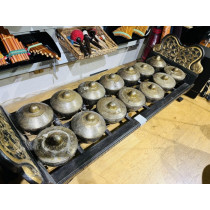 Bonang Panerus (Iron) from Javanese gamelan. 14 horizontal gongs on stand, Pelog. COLLECTION ONLY